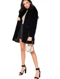 Women's Faux Fur Coat Warm Comfortable Pocket Knitting Elegant Fashion Daily Sweet Solid Color Home Casual Daily Wear Casual Daily Single Breasted Regular Lapel Slim Long Sleeve Outerwear Black White Women Furs & Leathers