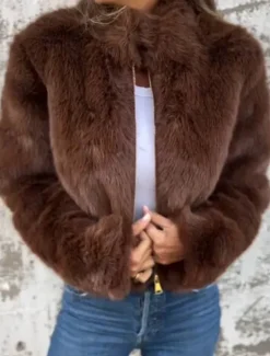 Women's Faux Fur Coat Warm Breathable Zipper Casual Plain Vacation Street Daily Wear Going out Zipper Short Stand Collar Regular Fit Long Sleeve Outerwear Red Brown Green Fall Winter Women Furs & Leathers