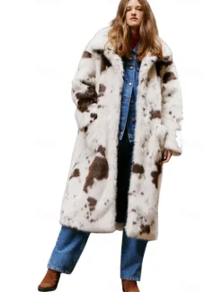 New Women's Faux Fur Coat Warm Comfortable Knitting Elegant Fashion Daily Sweet Cow Print Casual Daily Wear Going out Casual Daily Single Breasted Long Lapel Loose Fit Long Sleeve Outerwear Black And Women Furs & Leathers
