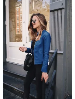 Outlet Women's Faux Leather Jacket Street Shopping Spring Fall Regular Coat Slim Windproof Chic & Modern Jacket Long Sleeve Solid Color Faux Fur Trim Denim Blue Black Blue Women Jackets
