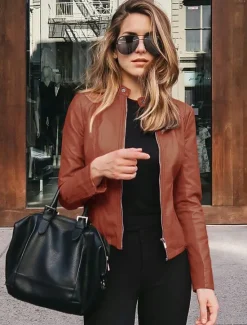Outlet Women's Faux Leather Jacket Street Shopping Spring Fall Regular Coat Slim Windproof Chic & Modern Jacket Long Sleeve Solid Color Faux Fur Trim Denim Blue Black Blue Women Jackets