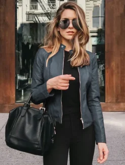 Outlet Women's Faux Leather Jacket Street Shopping Spring Fall Regular Coat Slim Windproof Chic & Modern Jacket Long Sleeve Solid Color Faux Fur Trim Denim Blue Black Blue Women Jackets