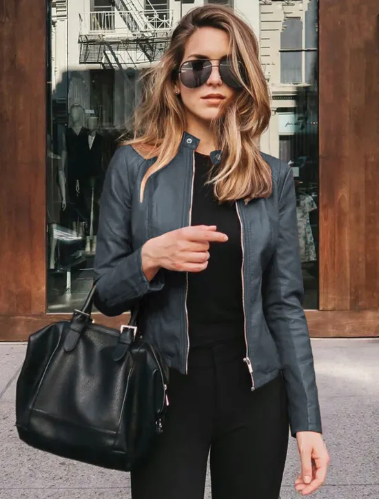 Outlet Women's Faux Leather Jacket Street Shopping Spring Fall Regular Coat Slim Windproof Chic & Modern Jacket Long Sleeve Solid Color Faux Fur Trim Denim Blue Black Blue Women Jackets