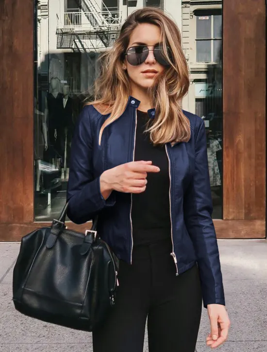 Outlet Women's Faux Leather Jacket Street Shopping Spring Fall Regular Coat Slim Windproof Chic & Modern Jacket Long Sleeve Solid Color Faux Fur Trim Denim Blue Black Blue Women Jackets