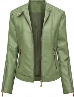 Hot Women's Faux Leather Jacket Casual Jacket Comfortable Breathable Zipper Pocket Fashion Casual Plain Vacation Street Casual Daily Wear Zipper Short Turndown Slim Long Sleeve Outerwear Black Red Green Women Jackets