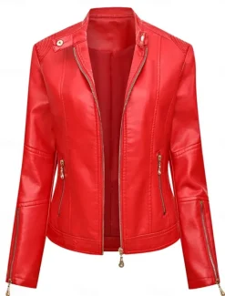 Hot Women's Faux Leather Jacket Casual Jacket Comfortable Breathable Zipper Pocket Fashion Casual Plain Vacation Street Casual Daily Wear Zipper Short Turndown Slim Long Sleeve Outerwear Black Red Green Women Jackets