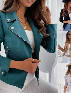 New Women's Faux Leather Jacket Comfortable Breathable Zipper Casual Plain Vacation Street Casual Daily Wear Zipper Short Lapel Slim Long Sleeve Outerwear Black Navy Blue Khaki Spring Fall Women Jackets