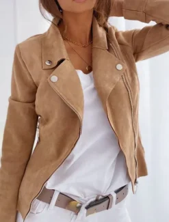 New Women's Faux Leather Jacket Comfortable Breathable Zipper Casual Plain Vacation Street Casual Daily Wear Zipper Short Lapel Slim Long Sleeve Outerwear Black Navy Blue Khaki Spring Fall Women Jackets
