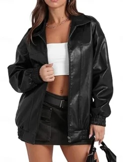 Outlet Women's Faux Leather Jacket Casual Jacket Outdoor Street Daily Wear Fall Winter Regular Coat Regular Fit Thermal Warm Breathable Stylish Casual Jacket Long Sleeve Plain with Pockets Full Zip Black Women Jackets