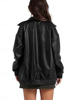 Outlet Women's Faux Leather Jacket Casual Jacket Outdoor Street Daily Wear Fall Winter Regular Coat Regular Fit Thermal Warm Breathable Stylish Casual Jacket Long Sleeve Plain with Pockets Full Zip Black Women Jackets