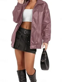 Outlet Women's Faux Leather Jacket Casual Jacket Outdoor Street Daily Wear Fall Winter Regular Coat Regular Fit Thermal Warm Breathable Stylish Casual Jacket Long Sleeve Plain with Pockets Full Zip Black Women Jackets