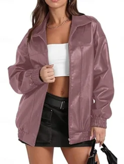 Outlet Women's Faux Leather Jacket Casual Jacket Outdoor Street Daily Wear Fall Winter Regular Coat Regular Fit Thermal Warm Breathable Stylish Casual Jacket Long Sleeve Plain with Pockets Full Zip Black Women Jackets