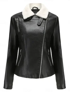 Best Women's Faux Leather Jacket Fleece Jacket Warm Breathable Zipper Pocket Fleece Lined Casual Plain Vacation Street Daily Wear Going out Zipper Short Turndown Regular Fit Long Sleeve Outerwear Black Women Jackets