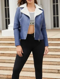 Best Women's Faux Leather Jacket Fleece Jacket Warm Breathable Zipper Pocket Fleece Lined Casual Plain Vacation Street Daily Wear Going out Zipper Short Turndown Regular Fit Long Sleeve Outerwear Black Women Jackets