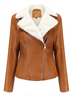 Best Women's Faux Leather Jacket Fleece Jacket Warm Breathable Zipper Pocket Fleece Lined Casual Plain Vacation Street Daily Wear Going out Zipper Short Turndown Regular Fit Long Sleeve Outerwear Black Women Jackets