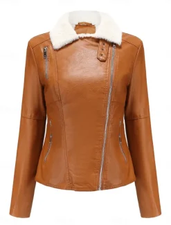 Best Women's Faux Leather Jacket Fleece Jacket Warm Breathable Zipper Pocket Fleece Lined Casual Plain Vacation Street Daily Wear Going out Zipper Short Turndown Regular Fit Long Sleeve Outerwear Black Women Jackets