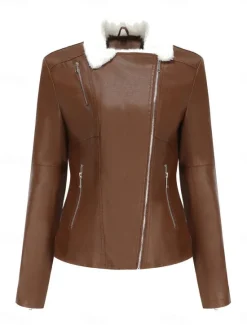 Best Women's Faux Leather Jacket Fleece Jacket Warm Breathable Zipper Pocket Fleece Lined Casual Plain Vacation Street Daily Wear Going out Zipper Short Turndown Regular Fit Long Sleeve Outerwear Black Women Jackets