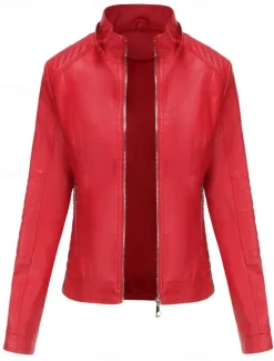 Women's Faux Leather Jacket Casual Jacket Comfortable Breathable Zipper Pocket Casual Plain Vacation Street Casual Daily Wear Zipper Short Hooded Regular Fit Long Sleeve Outerwear Red Camel Coffee Women Jackets