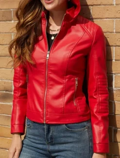 Women's Faux Leather Jacket Casual Jacket Comfortable Breathable Zipper Pocket Casual Plain Vacation Street Casual Daily Wear Zipper Short Hooded Regular Fit Long Sleeve Outerwear Red Camel Coffee Women Jackets