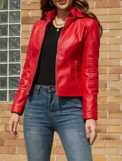 Women's Faux Leather Jacket Casual Jacket Comfortable Breathable Zipper Pocket Casual Plain Vacation Street Casual Daily Wear Zipper Short Hooded Regular Fit Long Sleeve Outerwear Red Camel Coffee Women Jackets