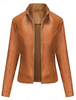 Women's Faux Leather Jacket Casual Jacket Comfortable Breathable Zipper Pocket Casual Plain Vacation Street Casual Daily Wear Zipper Short Hooded Regular Fit Long Sleeve Outerwear Red Camel Coffee Women Jackets