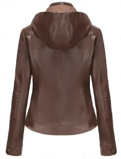 Women's Faux Leather Jacket Casual Jacket Comfortable Breathable Zipper Pocket Casual Plain Vacation Street Casual Daily Wear Zipper Short Hooded Regular Fit Long Sleeve Outerwear Red Camel Coffee Women Jackets