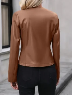 Best Women's Faux Leather Jacket Casual Jacket Comfortable Breathable Zipper Casual Plain Vacation Street Casual Daily Wear Zipper Short Crewneck Regular Fit Long Sleeve Outerwear Black Brown Apricot Women Jackets