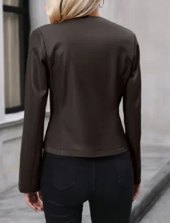 Best Women's Faux Leather Jacket Casual Jacket Comfortable Breathable Zipper Casual Plain Vacation Street Casual Daily Wear Zipper Short Crewneck Regular Fit Long Sleeve Outerwear Black Brown Apricot Women Jackets