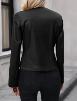 Best Women's Faux Leather Jacket Casual Jacket Comfortable Breathable Zipper Casual Plain Vacation Street Casual Daily Wear Zipper Short Crewneck Regular Fit Long Sleeve Outerwear Black Brown Apricot Women Jackets