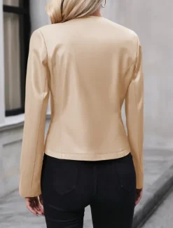 Best Women's Faux Leather Jacket Casual Jacket Comfortable Breathable Zipper Casual Plain Vacation Street Casual Daily Wear Zipper Short Crewneck Regular Fit Long Sleeve Outerwear Black Brown Apricot Women Jackets