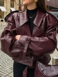 Sale Women's Faux Leather Jacket Outdoor Street Daily Wear Fall Short Coat Regular Fit Breathable Stylish Casual Jacket Long Sleeve Plain with Pockets Women Jackets