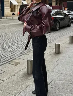 Sale Women's Faux Leather Jacket Outdoor Street Daily Wear Fall Short Coat Regular Fit Breathable Stylish Casual Jacket Long Sleeve Plain with Pockets Women Jackets