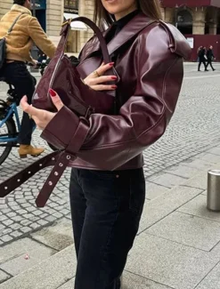 Sale Women's Faux Leather Jacket Outdoor Street Daily Wear Fall Short Coat Regular Fit Breathable Stylish Casual Jacket Long Sleeve Plain with Pockets Women Jackets