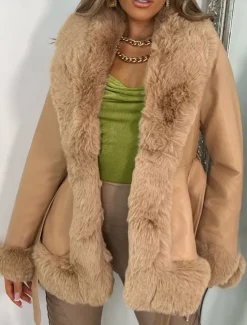 New Women's Faux Leather Jacket Warm Breathable Fur Collar Casual Plain Vacation Street Daily Wear Going out Open Front Regular V Neck Regular Fit Long Sleeve Outerwear Black Brown Beige Fall Winter Women Jackets|Furs & Leathers