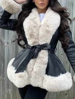 New Women's Faux Leather Jacket Warm Breathable Fur Collar Casual Plain Vacation Street Daily Wear Going out Open Front Regular V Neck Regular Fit Long Sleeve Outerwear Black Brown Beige Fall Winter Women Jackets|Furs & Leathers