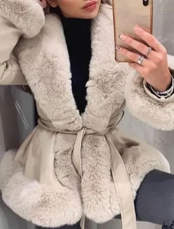 New Women's Faux Leather Jacket Warm Breathable Fur Collar Casual Plain Vacation Street Daily Wear Going out Open Front Regular V Neck Regular Fit Long Sleeve Outerwear Black Brown Beige Fall Winter Women Jackets|Furs & Leathers