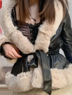 New Women's Faux Leather Jacket Warm Breathable Fur Collar Casual Plain Vacation Street Daily Wear Going out Open Front Regular V Neck Regular Fit Long Sleeve Outerwear Black Brown Beige Fall Winter Women Jackets|Furs & Leathers