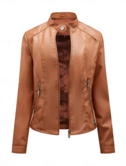 Online Women's Faux Leather Jacket Casual Jacket Comfortable Breathable Zipper Pocket Casual Plain Vacation Street Casual Daily Wear Zipper Short Stand Collar Regular Fit Long Sleeve Outerwear Black Wine Women Jackets