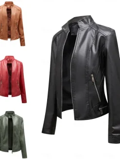 Online Women's Faux Leather Jacket Casual Jacket Comfortable Breathable Zipper Pocket Casual Plain Vacation Street Casual Daily Wear Zipper Short Stand Collar Regular Fit Long Sleeve Outerwear Black Wine Women Jackets