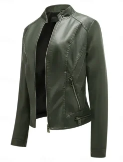 Online Women's Faux Leather Jacket Casual Jacket Comfortable Breathable Zipper Pocket Casual Plain Vacation Street Casual Daily Wear Zipper Short Stand Collar Regular Fit Long Sleeve Outerwear Black Wine Women Jackets