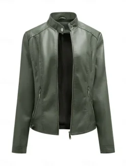 Online Women's Faux Leather Jacket Casual Jacket Comfortable Breathable Zipper Pocket Casual Plain Vacation Street Casual Daily Wear Zipper Short Stand Collar Regular Fit Long Sleeve Outerwear Black Wine Women Jackets
