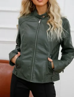 Online Women's Faux Leather Jacket Casual Jacket Comfortable Breathable Zipper Pocket Casual Plain Vacation Street Casual Daily Wear Zipper Short Stand Collar Regular Fit Long Sleeve Outerwear Black Wine Women Jackets