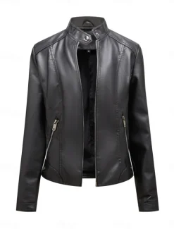 Online Women's Faux Leather Jacket Casual Jacket Comfortable Breathable Zipper Pocket Casual Plain Vacation Street Casual Daily Wear Zipper Short Stand Collar Regular Fit Long Sleeve Outerwear Black Wine Women Jackets