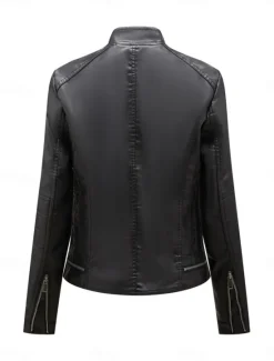 Online Women's Faux Leather Jacket Casual Jacket Comfortable Breathable Zipper Pocket Casual Plain Vacation Street Casual Daily Wear Zipper Short Stand Collar Regular Fit Long Sleeve Outerwear Black Wine Women Jackets