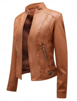 Online Women's Faux Leather Jacket Casual Jacket Comfortable Breathable Zipper Pocket Casual Plain Vacation Street Casual Daily Wear Zipper Short Stand Collar Regular Fit Long Sleeve Outerwear Black Wine Women Jackets