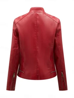 Online Women's Faux Leather Jacket Casual Jacket Comfortable Breathable Zipper Pocket Casual Plain Vacation Street Casual Daily Wear Zipper Short Stand Collar Regular Fit Long Sleeve Outerwear Black Wine Women Jackets