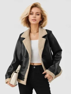 Discount Women's Faux Leather Jacket Fleece Jacket Warm Zipper Pocket Buttons Vintage Fashion Casual Plain Street Casual Daily Wear Short Notch Lapel Regular Fit Long Sleeve Outerwear Fall Winter Women Jackets