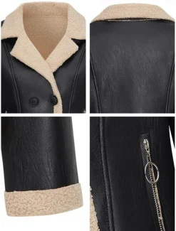 Discount Women's Faux Leather Jacket Fleece Jacket Warm Zipper Pocket Buttons Vintage Fashion Casual Plain Street Casual Daily Wear Short Notch Lapel Regular Fit Long Sleeve Outerwear Fall Winter Women Jackets