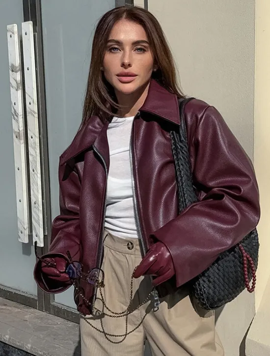 Women's Faux Leather Jacket Winter Jacket Windproof Zipper Oversized Elegant Vintage Fashion Daily School Casual Daily Short Turndown Loose Fit Long Sleeve Outerwear claret Spot goods shipped in Women Jackets