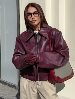 Women's Faux Leather Jacket Winter Jacket Windproof Zipper Oversized Elegant Vintage Fashion Daily School Casual Daily Short Turndown Loose Fit Long Sleeve Outerwear claret Spot goods shipped in Women Jackets